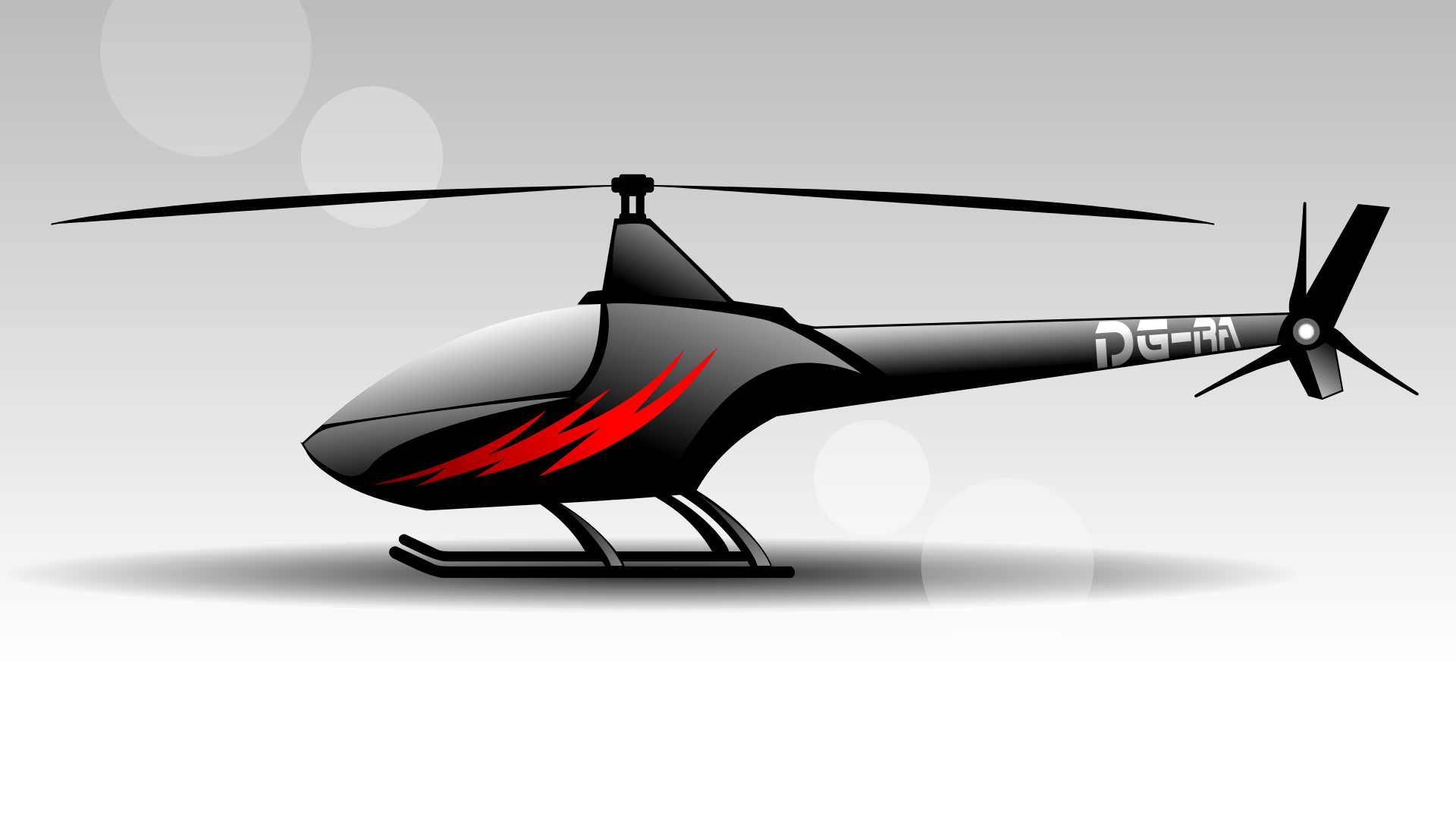 Wir sehen eine Zeichnung eines Ultraleicht-Hubschraubers. Er steht auf Kufen und ist ganz in schwarz gehalten. An seiner Flanke sind rote stilisierte Blitze zu sehen.