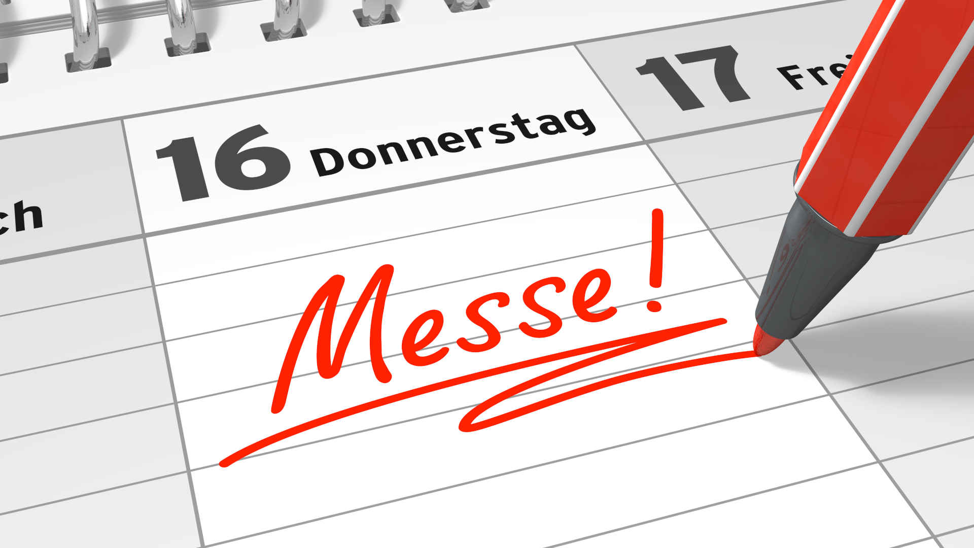In einen Kalender wird mit einem roten Filzstift das Wort "Messe" eingetragen.