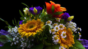 Hier wurden Sonnenblumen, Rosen, Kamille und vieles mehr zu einem herrlichen Bouquet zusammengestellt.